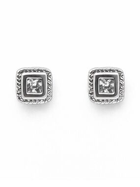Silver Tone Square Stud Earrings with Center CZ Faux Diamond Look Stone